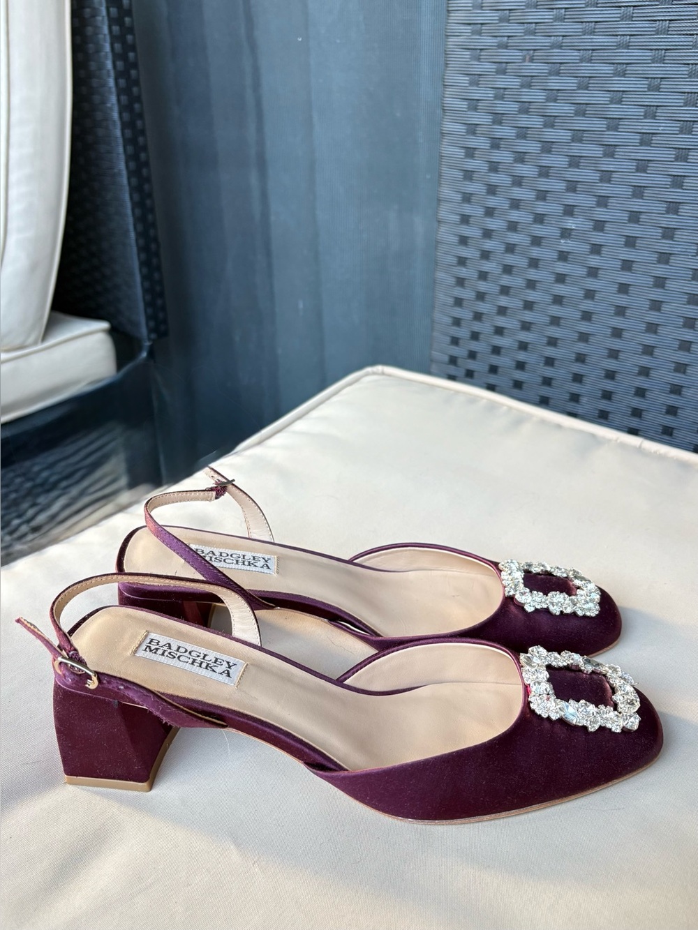 Badgley Mischka Burgundy Crystal-Embellished Slingback Heels - Picture 2 of 2